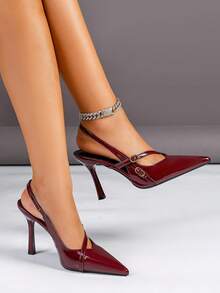 Women's High Heel Pointed Toe Fashion Thin Strap Buckle Backstrap Open Heel Pumps - Burgundy - View 5