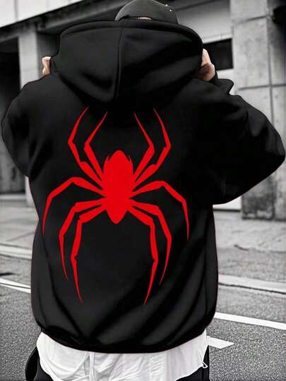 Suéter popular para hombres Ropa de estar en casa para hombres Chaqueta roja de invierno elegante para hombres con gráfico de araña - Chaqueta de invierno casual con cordón, mangas largas y bolsillos |   Chaqueta de Moda |   Sudadera de poliéster suelta y cómoda
