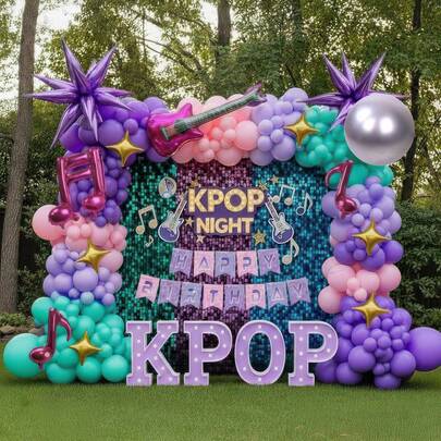 135pcs Music Hunter KPOP Theme Balloon Arch Set, Includes Explosion Star, Star Shape And Music Note Foil Balloons, As Well As Bright Pink, Deep Purple, Light Purple, Blue And Silver Latex Balloons. Suitable For Birthday Party, KPOP Theme Decor, Prom, Bachelor Party And Disco Theme Party Supplies.