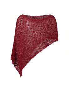 Women Knitted Poncho Loose See Through Boat Neck Off Shoulder Asymmetrical Crop Coverup Tops - 酒紅色 - 查看 2