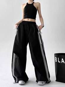 时尚轻薄夏季长裤，2025秋季新款蕾丝边宽松街舞高腰阔腿裤 - 黑色 - 查看 6