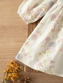 1pc Girls Floral Print Dress With Ruffle Collar, Loose Casual Dress For Outdoor/Holiday, Spring/Autumn - Apricot - View 7