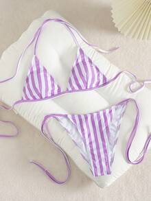 女士新款性感挂脖系带紫色条纹比基尼套装，甜美风格两件式泳装，适合夏季海滩度假 - 彩色 - 查看 7