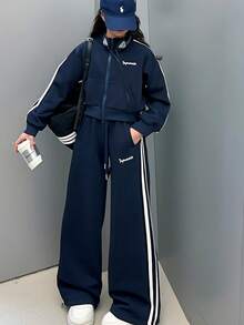 2-Piece Girls' Wide-Leg Pants Set Navy Side Stripe Cropped Zip Jacket 4th Of July Kids Clothes Girls Teen Girl Clothes Girls Spring Fall Outfit Sets - 藍色 - 查看 5