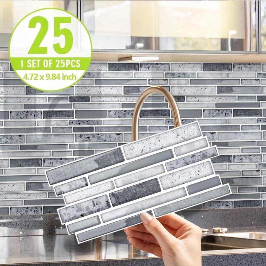 25 stuks zelfklevende tegelstickers met een terrazzo marmer design, ideaal voor thuiskeukens. Ze zijn waterdicht, bestand tegen olie en vocht, makkelijk schoon te maken en kunnen worden afgeplakt. Elke sticker meet 9,84 bij 4,72 inch (25 bij 12 cm) en C - Grauer Terrazzo - Übersicht 1