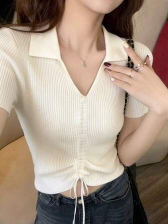 Summer Women Fashionable Minimal Polo Collar Knit Top, Cropped Fitted Ruched T-Shirt