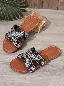 Women's Flat Sandals, Vacation Style, Black Pearl, Fashion Metal Buckle, Pattern, Rhinestone Beach, Spring/Summer 2026 - Black - View 6