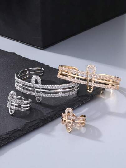 1 set, Moderiktigt och elegant armband och ringset med kubisk zirkonia för kvinnor, Nålformade smycken, Förgyllt armband, Försilvrat armband, Tvåfärgade alternativ, Handtillbehör, Lämplig för vardagsbruk, Perfekt present, Ramadanutdelning