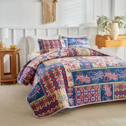 三件套加大双人床被套枕套，轻盈柔软绗缝床罩，数码印花床罩，四季皆宜，春夏款