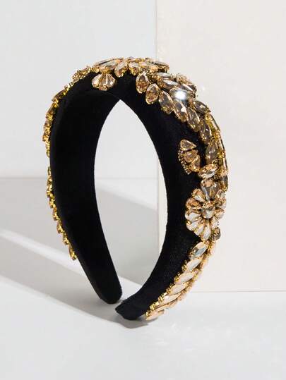 1件黑色天鹅绒宽边海绵高冠欧美巴洛克风格发箍，饰以奢华水钻，宫廷风格，高品质，适合晚宴派对