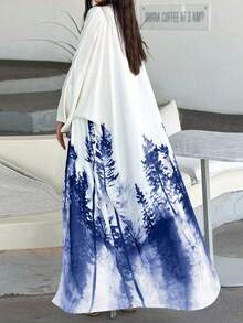 Elegant Women's Long Sleeve Drop Shoulder Kaftan Jalabiya Maxi Dress, Forest Print, Non-Stretch Woven Fabric - Blue - View 2