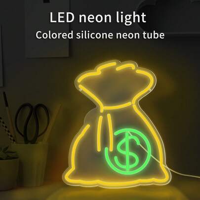 1pc Yellow-Green Contrast Wealth Neon Light (Includes USB Cable + Installation Hook): Golden Yellow + Bright Green Dual Glow Energetic And Eye-Catching, Acrylic Material Transparent And Durable, Ideal Wealth-Themed Decorative Item.