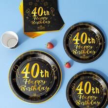 40th Birthday Black & Gold Disposable Plate, Napkin, Cup Set, Serves 8 Guests, Suitable For Birthday, Wedding, Party, Family Picnic - Multicolor - View 4