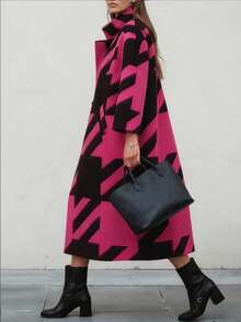 Women's Minimalist Colorblock Long Sleeve Knit Cardigan, Printed & Versatile, Autumn/Winter - Hot Pink - View 3