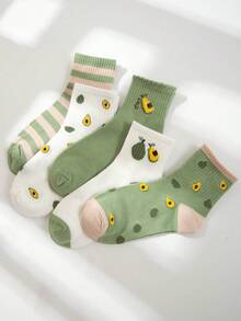 10双装春夏女士/情侣舒适中筒袜，可爱牛油果图案装饰，个性化休闲透气吸湿柔软棉混纺中筒袜，适合工作、聚会、旅行、节日礼物