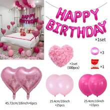 5/13/35/52/563pcs Fuchsia Pink Happy Birthday Set, Includes Fuchsia Pink Happy Birthday Letter, Heart, Bow Foil Balloons, Suitable For Ladies Theme, Birthday Room Decor, Anniversary, Birthday Party Balloons - Multicolor - View 12