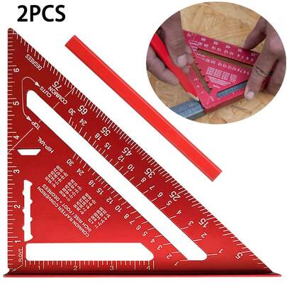 2pcs Aluminum 7-Inch Rafter Set, Square Carpenter Measuring Layout Tool Alloy Metal Triangle Ruler Imperial Protractor For Woodworking And Carpentry Red