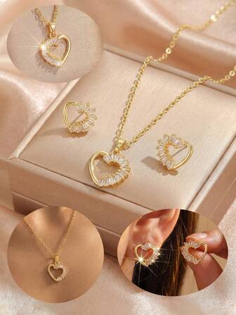 3ชิ้น/ชุด สร้อยคอพร้อมจี้รูปหัวใจสแตนเลสสีทอง แฟชั่นหรูหราสไตล์เรโทร & ต่างหูสตั๊ด สำหรับผู้หญิง เครื่องประดับสำหรับใส่ทุกวัน ของขวัญสำหรับวันวาเลนไทน์และวันเกิด เข้าได้กับทุกฤดูกาล
