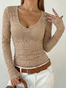 女士休闲优雅圆领长袖上衣 - 卡其色 - 查看 11