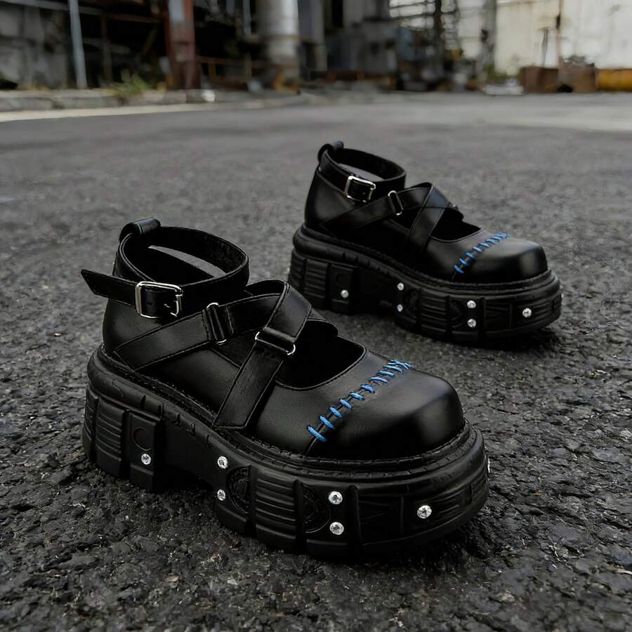 New Punk Lolita Style Single Shoes For Girl Thick Sole Chunky Heels Women Pumps Large Size With Buckle Strap Fashion All-Match Casual Shoes - màu đen - Xem 1