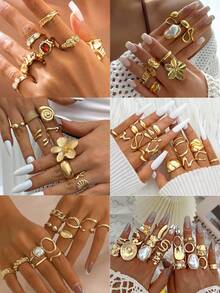 Vintage Elegant Retro Coin Style 3-19pcs Metal Inlaid Colorful Faux Gemstone & Pearl Flower, Bow, Geometric Hollow Multi-Layer Adjustable Ring Set, Personalized Y2K Jewelry Suitable For Women Men Couples, Party, Wedding, Anniversary, Gift