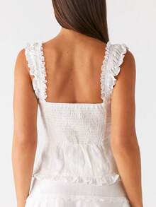 Women Solid Color Lace Tank Top Cute Y2K Lace Crop Vest Casual Square Neck Open Front Cami Top Summer Streetwear - 白色 - 查看 3