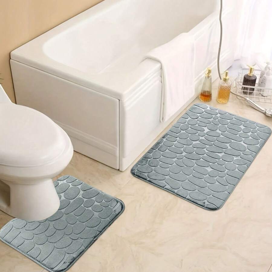 1 pieza/2 piezas Alfombra de baño o tapete de inodoro de unicolor, simple y clásico, con textura de piedra, antideslizante y absorbente, para decoración del hogar, baño, piso, alfombra exterior, felpudo de entrada, decoración de otoño, accesorios de baño, regreso a la escuela - Gris Claro - Ver 1