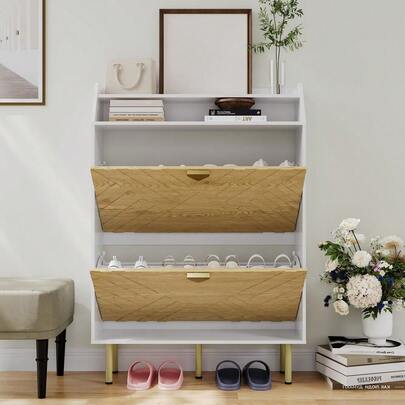 Wood Shoe Cabinet With 2 Flip Drawers, Narrow Freestanding Shoe Organizer With Open Shelf, Hidden Shoe Rack Cabinet For Entryway Living Room