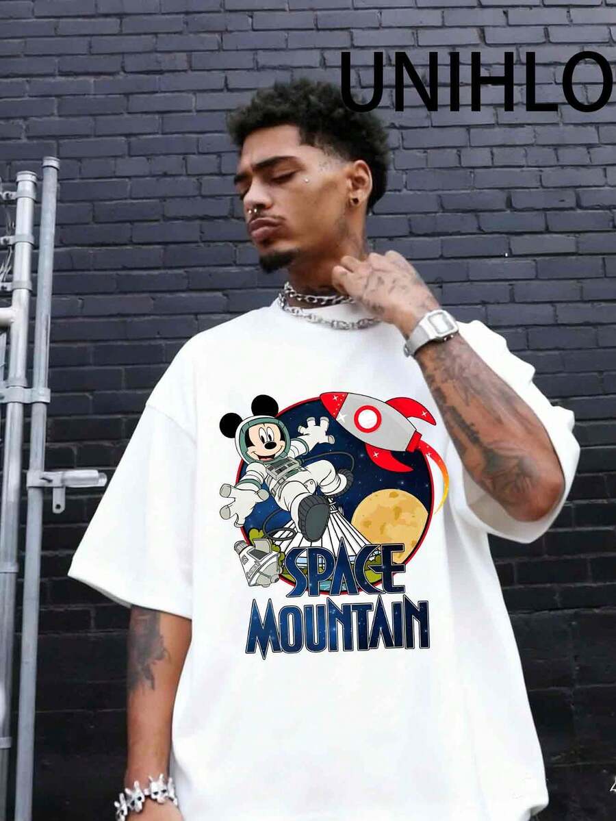 Disney UNIHLO Street Life Men's Casual Loose  Mickey Cartoon  Print Short Sleeve T-ShirtSummer - 白色 - 查看 1