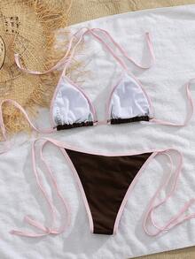 Maillot de bain deux pièces à la mode 2026 pour femme, couleur unie, sexy, bohème, élégant, décontracté, mignon, dos nu à nouer, idéal pour la plage, les vacances, un rendez-vous, au quotidien, printemps-été. - Multicolore - Voir 3