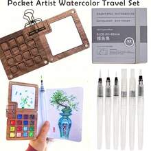 9件套迷你木制水彩套装，包含1个8/15格木质磁性调色盒、6支画笔、1个夹子、1本便携式素描本 - 适合旅行水彩画