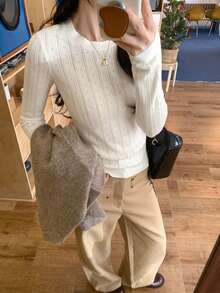 时尚镂空圆领修身针织打底衫 - 白色 - 查看 3