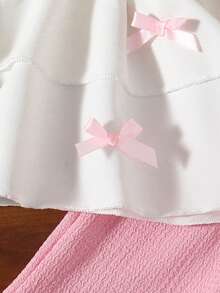 2pcs Girls Toddler Casual Bow Decor Soft Knitted Jacquard Short Sleeve Top And Flare Pants Set, Suitable For Outdoor Wear, Spring/Summer - Pink - View 7