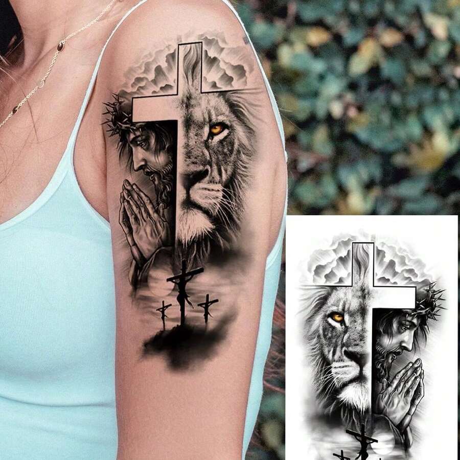 Waterproof Arm Half Sleeve Lion Tattoo Sticker For Men & Women With A Cross & Christ Jesus Tattoo Sticker Sheet - Nhiều màu - Xem 1