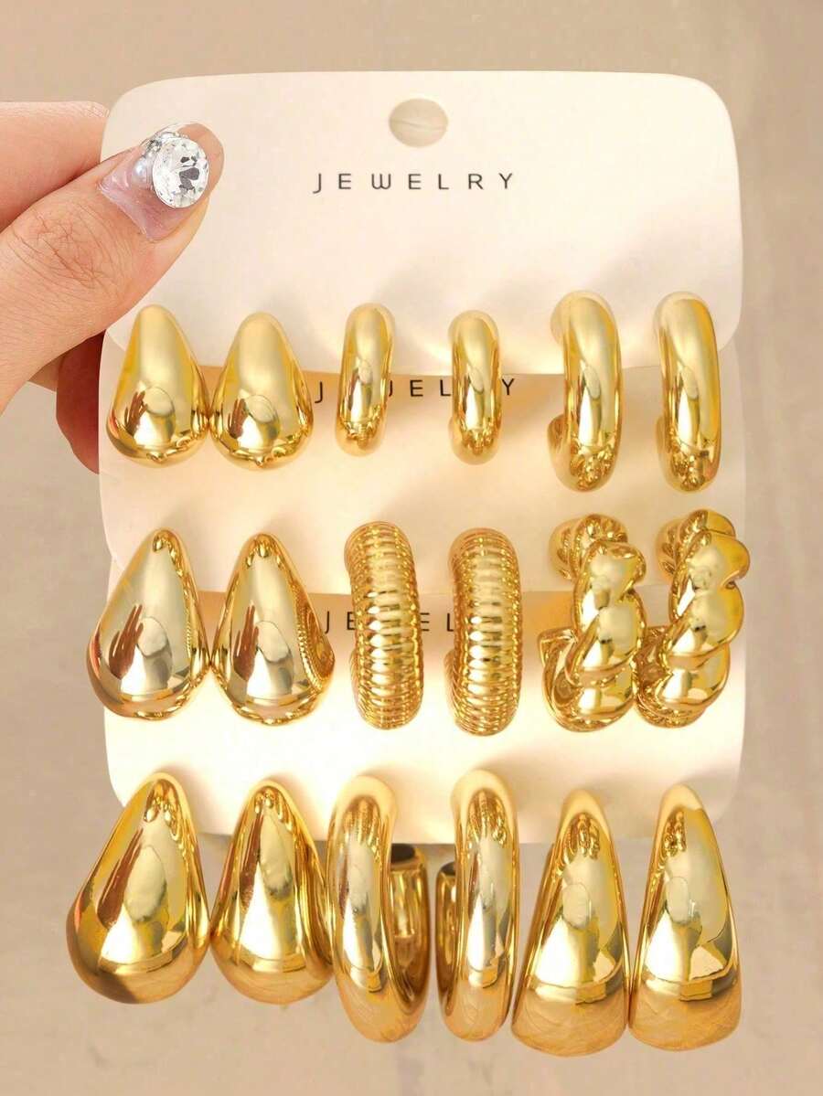 6/18pcs Thick Solid Gold Hoop Earrings Set, Suitable For Daily Wear, Best Gift For Girlfriends, Friends And Family, Fashionable And Elegant, Can Match Different Outfits. This Product Uses Non-Fading UV Gold Plating, Low Allergy, Thick Gold Earrings, Fashionable And Elegant, Suitable For Daily Gatherings And Parties. The Best Gift For Girlfriends And Mothers. - Yellow Gold - View 1