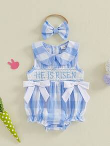 Baby Girls Easter Romper Letter Embroidered Plaid Decorative Bows Smocked Doll Collar Sleeveless Newborn Jumpsuit - Màu xanh lam - Xem 6