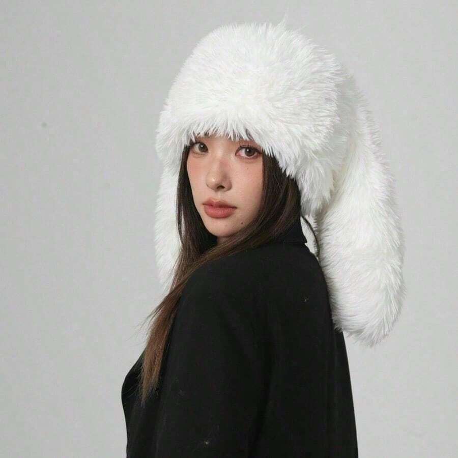 Women's Rabbit Ear Hat – Soft Plush Winter Hat, Cute Cartoon Design, Cozy And Warm, Perfect For Cold Weather Daily Wear - trắng - Xem 1