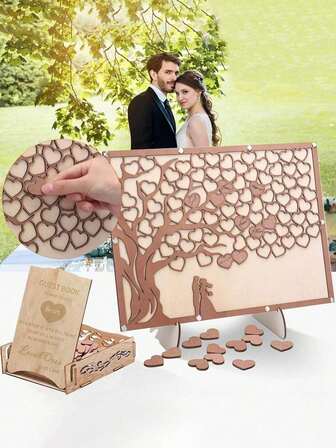 1 set bröllopsgästsignaturbok - Trädformad bröllopsfestdekoration med hjärtan, brud och brudgums utskärning - Konstgjord träsigneringsbordsdekoration för bröllop, bruddusch, årsdag - Minnessak med gästnamn - Ingen elektricitet behövs, bröllopsdekorationer, romantisk evenemangsdekor, romantisk design, par som firar