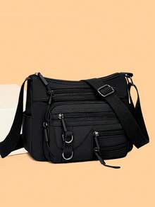 Women's Solid Color Nylon Multi-Layer Zipper Adjustable Shoulder Strap Shoulder Diagonal Crossbody Bag With Metal Decoration - Black - View 7