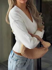 Y2K Style Sunshine Girl Aesthetic Pure White Sexy Button Design Long Sleeve V-Neck Cardigan Sweater, Suitable For Spring, Valentine's Day, Back To School Season - Beige - View 9