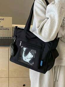 Sac fourre-tout minimaliste avec petite pochette ronde amovible, sac bandoulière en tissu souple grande capacité, convient pour les trajets quotidiens, les activités extérieures et les voyages - Noir - Voir 8