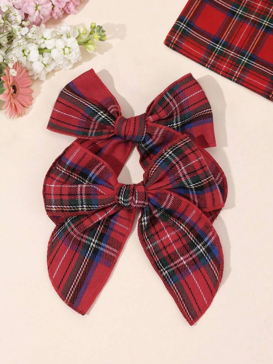 2pcs Red Plaid Hair Bow Clips For Girls,Welcome New Year's Hairpin,Suitable For New Year's Party,Vacation And Spring Summer Daily,School, Holiday And Birthday Gifts For Daughter,Girls' Elegant Hair Accessory - Multicolor - View 1