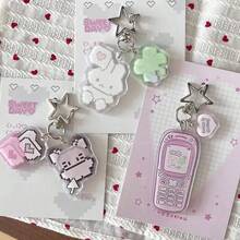 1pc Cute Cartoon Pixel Art Keychain - Kawaii Retro 8-Bit Character With Heart And Four-Leaf Clover, Light Pink And White With Black Eyes, Bunny Design, Suitable For Bags, Keys, Christmas Gift - 彩色 - 查看 1
