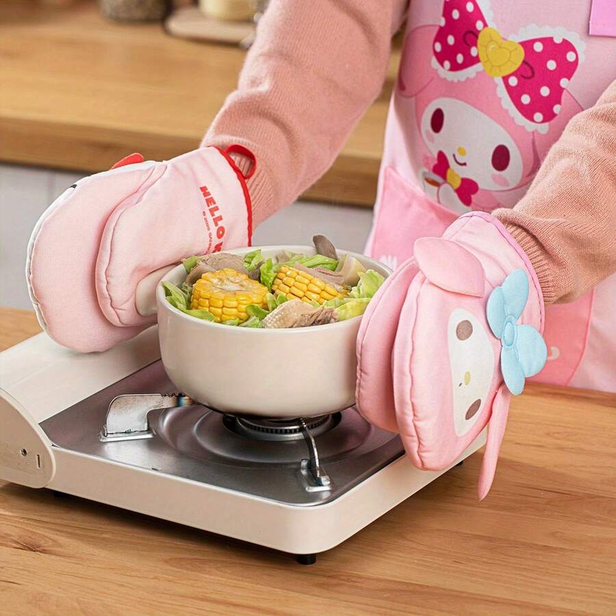 Sanrio 1pc Hello Kitty & My Melody 3D Thick Heat Resistant Waterproof Kitchen Oven Glove, Essential For Cooking, Baking, Grilling, Outdoor Use, Cute Christmas Gift, Perfect For Family Gatherings