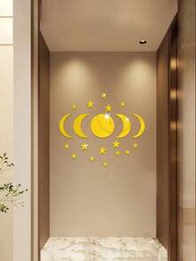1 Set/20 Pieces, Star And Moon Combination Wall Stickers, Suitable For Ramadan, 3D Effect Mirror Wall Stickers With Self-Adhesive, PS Material, Holiday Accessories, Birthday Party Supplies, Wall Decoration, Room Decoration (Gold & Silver). - Multicolor - View 3