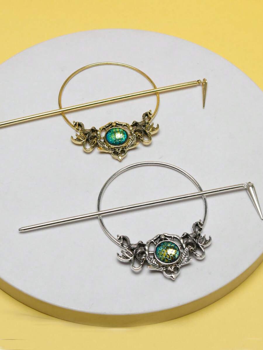 Vintage Dragon Mermaid Hair Fork Chinese Style Hiar Chopstick Hairpins Disk Stick Hair Clip Witch Viking Women Jewelry Gifts, Bun Extension, Hair Styling Pins, Head Accessories, Hair Accessories For Women - Multicolor - View 1
