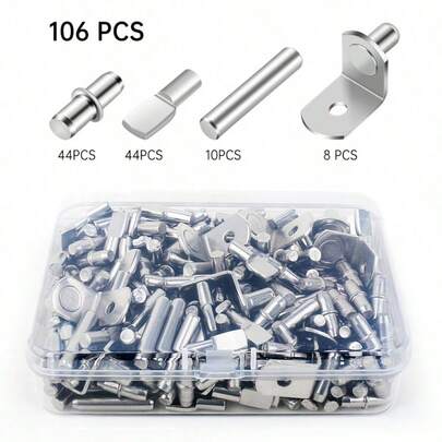 106 st metallhyllpinnar, kit med förnicklade stödpinnar, 4 modeller, 5 mm och 1/4 tum, för bokhyllor, skåp, köksmöbler och garderober