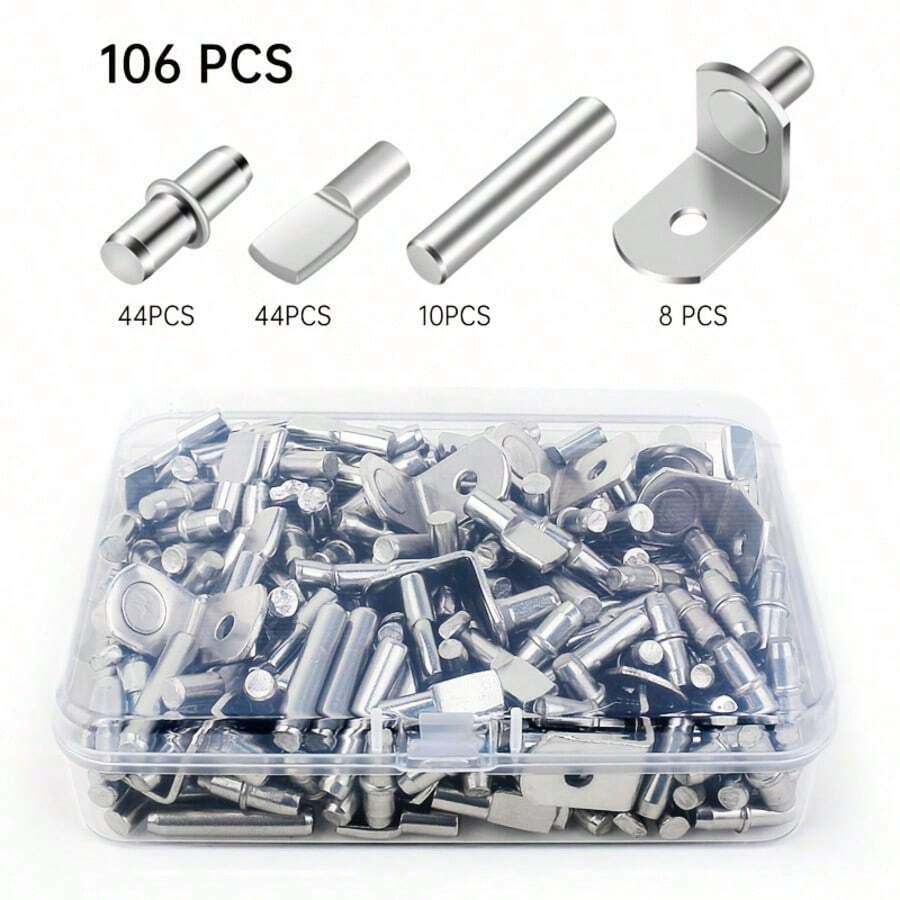 106pcs Metal Shelf Pins Kit, Nickel-Plated Support Pegs, 4 Styles, 5mm & 1/4 Inch, For Bookshelves, Cabinets, Kitchen Furniture & Closets