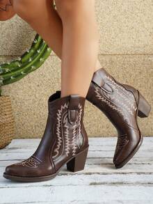 2026新款时尚女式厚底系带中筒朋克西部靴 - 棕色 - 查看 6