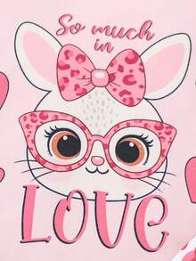 女婴情人节夏季休闲套装（2件套），粉色短袖印花上衣+荷叶边豹纹短裤，可爱卡通兔子图案，甜美时尚，柔软弹力面料，适合日常外出和玩耍 - 粉色 - 查看 3